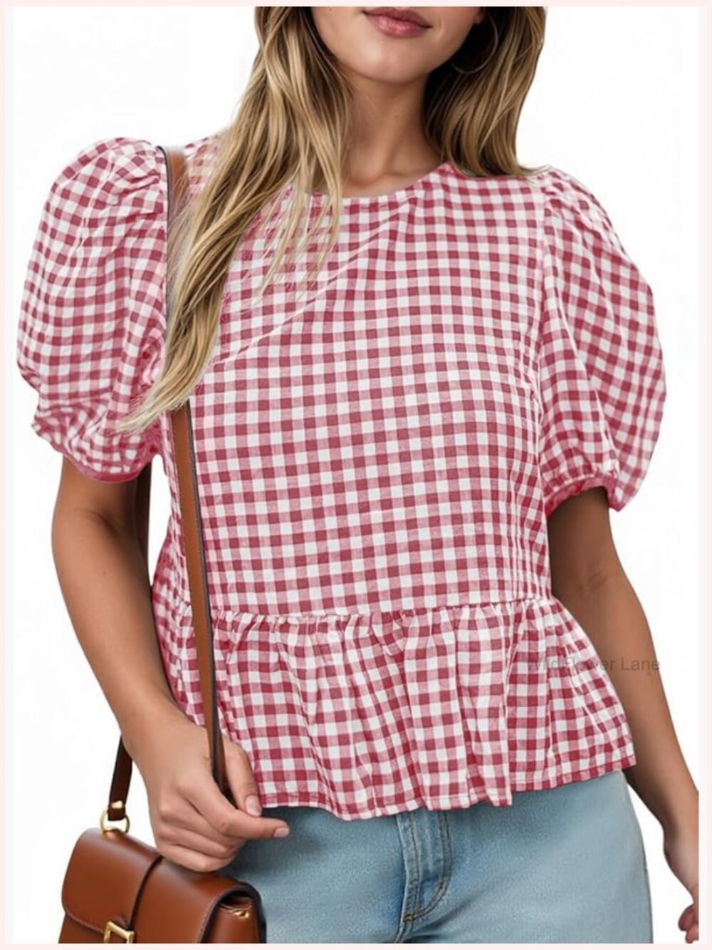 Womens Puff Sleeve Gingham Blouse Ruffle Peplum Babydoll Top Cotton Shirt - Picture 1 of 7